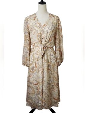 Boho Country Cowgirl Paisley Midi Dress Tie-Waist Sz 6 Prarie Western Neutral